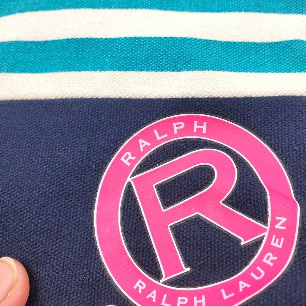 Ralph Lauren Striped Canvas Cosmetic‎ Pouch Navy Turquoise Pink Logo Travel Bag